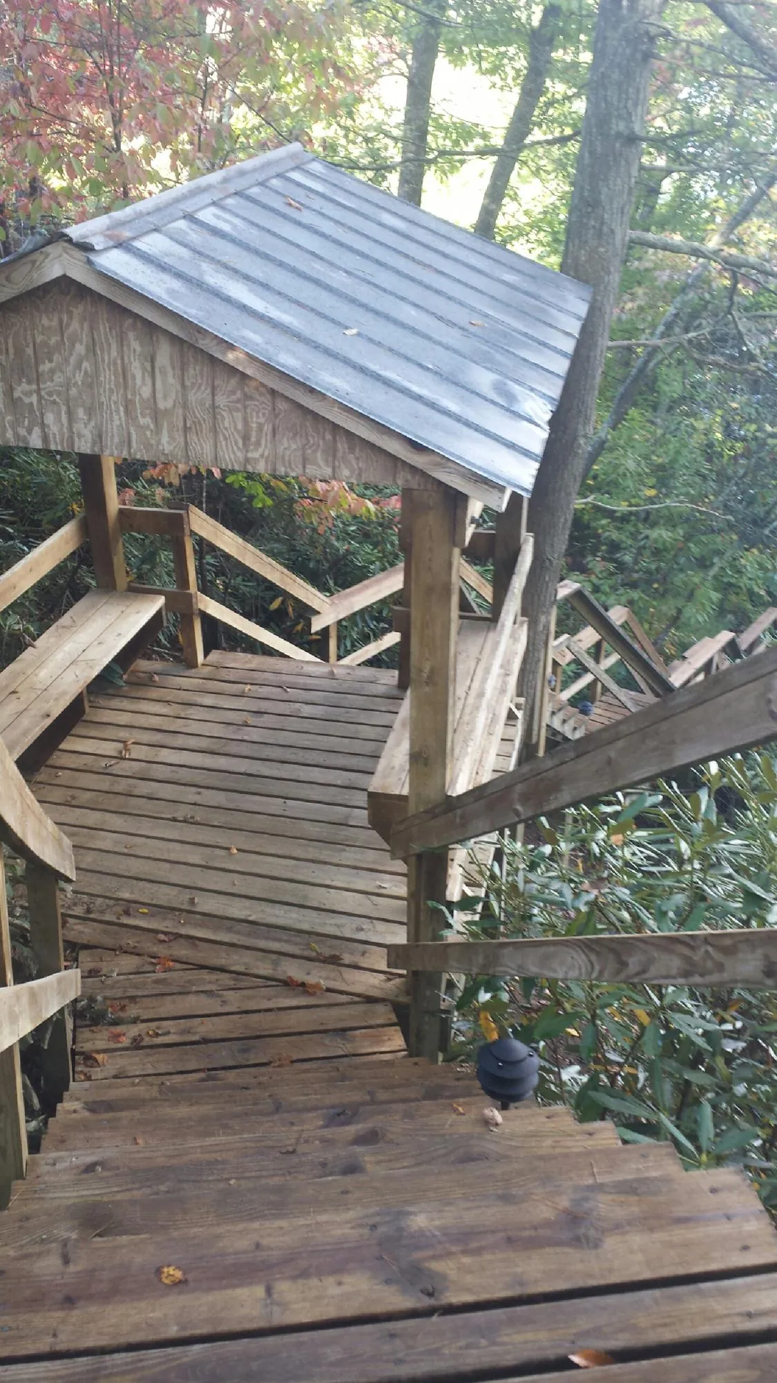 Metal roofed shelter over wooden steps on a wooded walkway — Skylight Repair & Installation work by our crew in Rossville